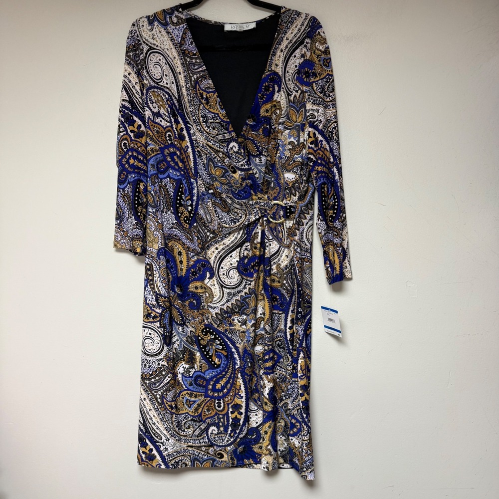 Kasper Petite XL Faux Wrap Dress  Blue Marigold‎ Paisley 3/4 Sleeve 10848286-1XU